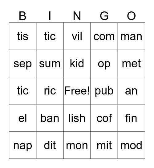 Syllable  Bingo Card