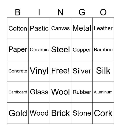 Materials Bingo Card