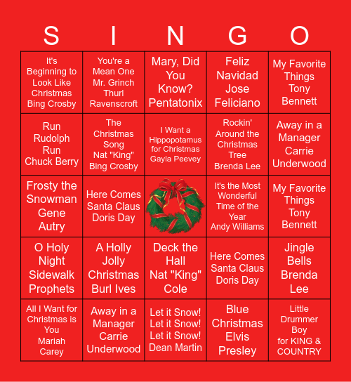 Christmas Songs Bingo Card