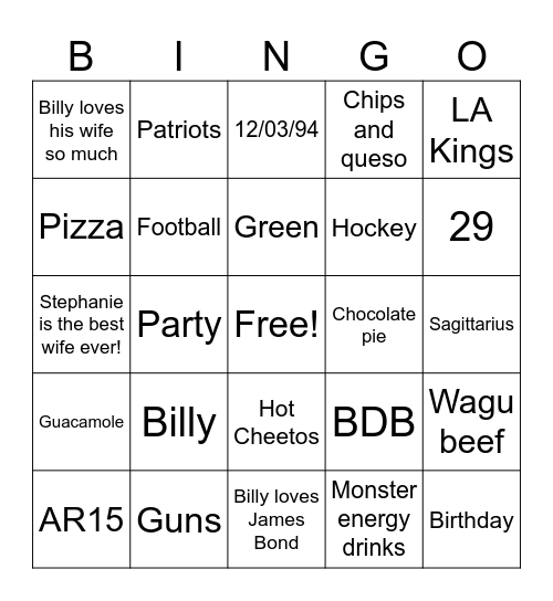 Billy’s Birthday Bash Bingo Card