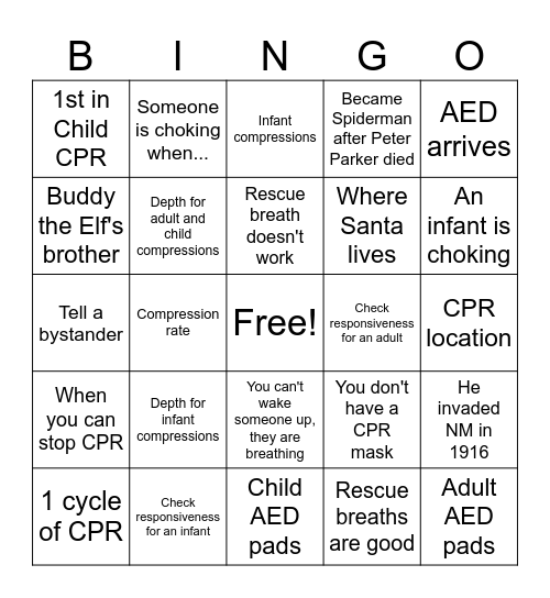 SFA CPR Review Bingo Card