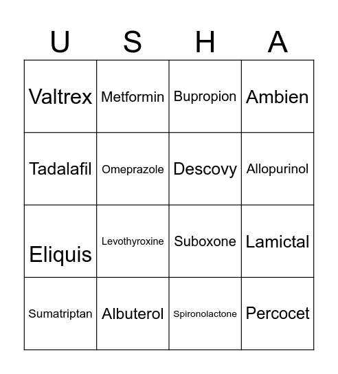 Medication Bingo Card