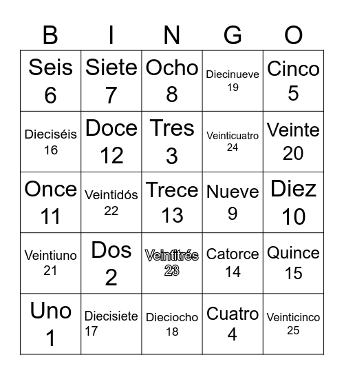 Números del 1-25 Bingo Card