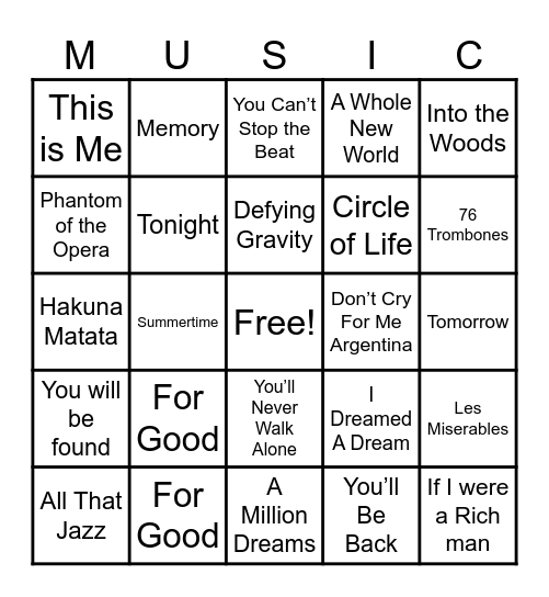 Musicals Bingo Card