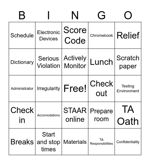 STAAR Training Bingo Card