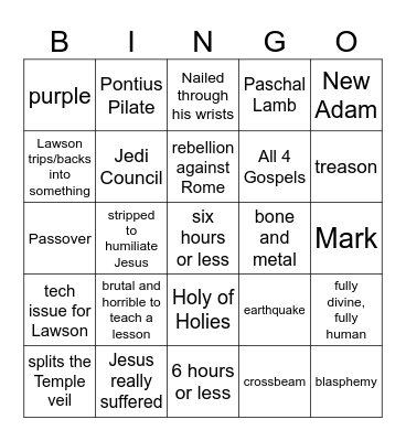 Events of the Passion Bingo Card