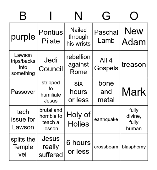 Events of the Passion Bingo Card