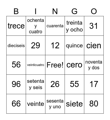 Spanish Number Bingo Card