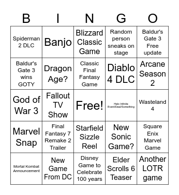 Game Awards Bingo Card