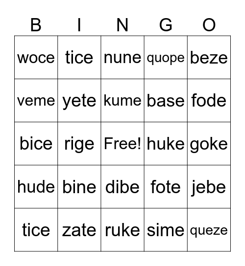 Nonsense Words Bingo #1 Bingo Card