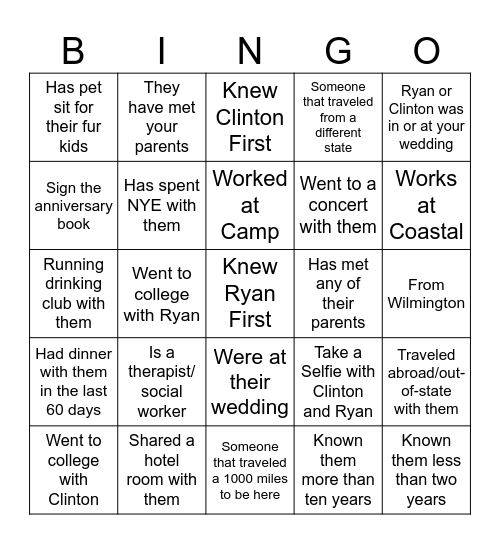 Clinton & Ryan's  20th Anniversary Bingo Card