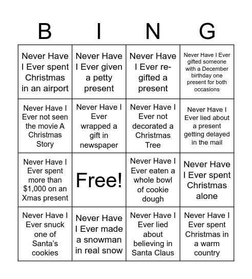 Never Have I Ever Holiday Addition Bingo Card
