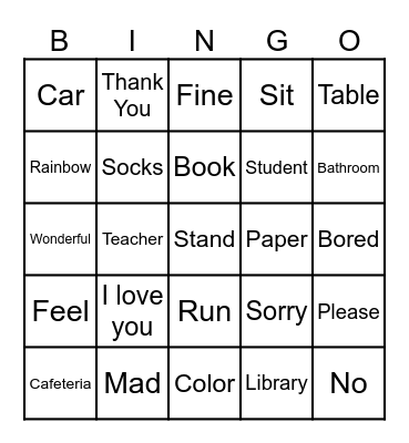 American Sign Language Bingo Card