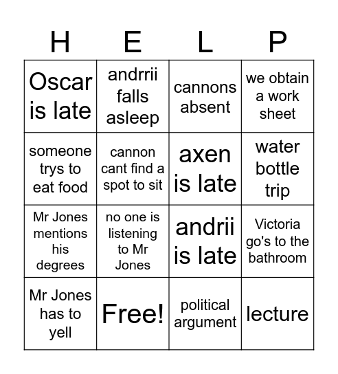 socials Bingo Card