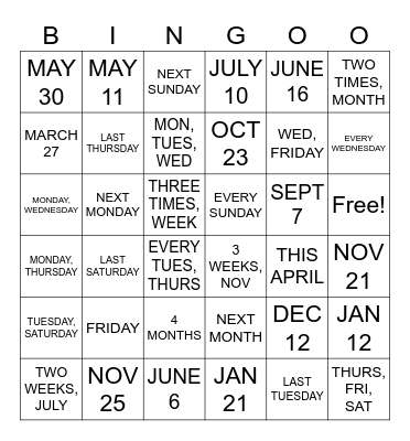 CALENDAR IN ASL Bingo Card