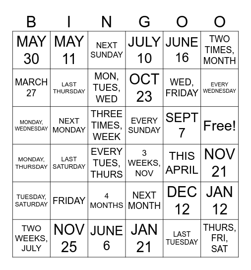 CALENDAR IN ASL Bingo Card