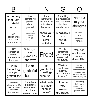 Gratitude Bingo Card