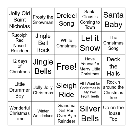 Holiday Music Bingo Card