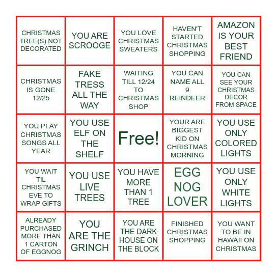 Mark each space that pertains to you.  The person with the most boxes marked wins! Bingo Card