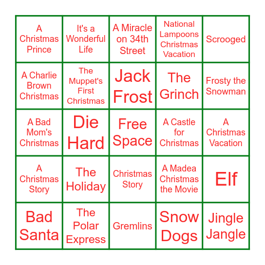 Holiday Movie Bingo Card