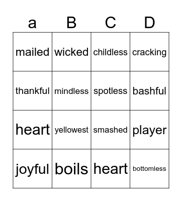-less & -ful Bingo Card