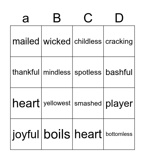 -less & -ful Bingo Card