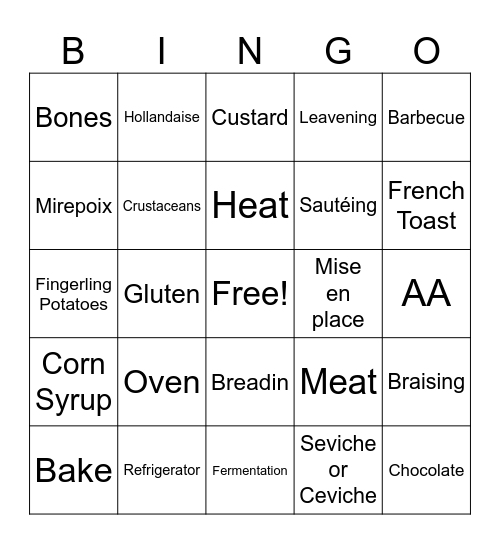 Food Preparation Principles Bingo Card