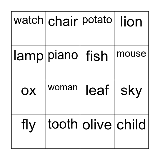 Plurals Bingo Card