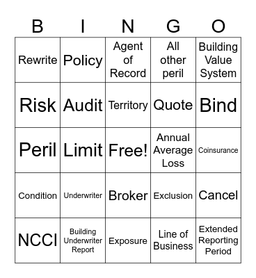 Insurance Bingo Card