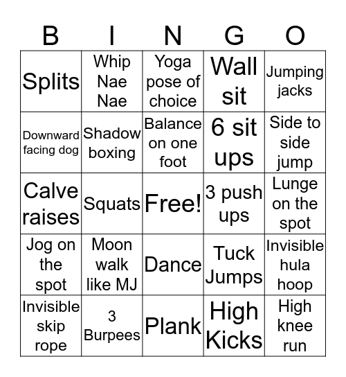 Fitness Bingo Card