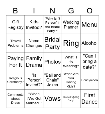 Wedding Bingo Card