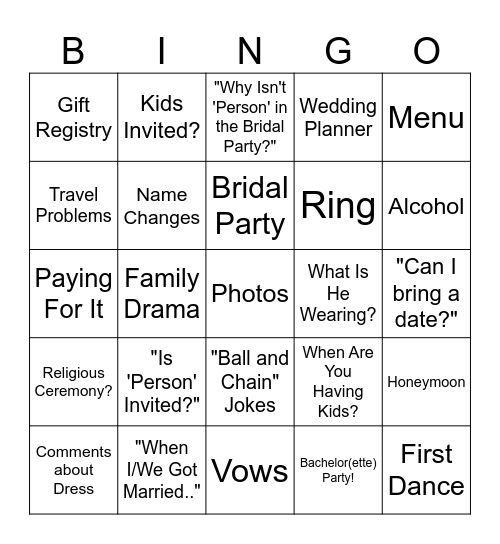 Wedding Bingo Card