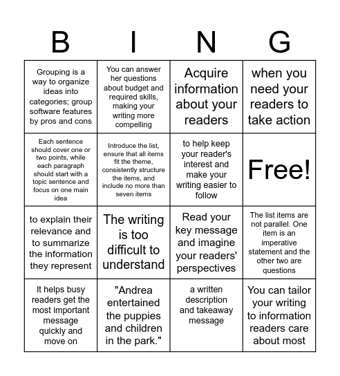 Better Business Writing Bingo Card