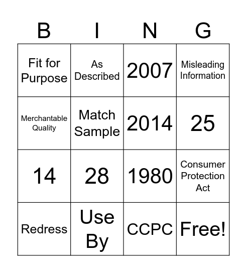 Consumer Rights Bingo Card