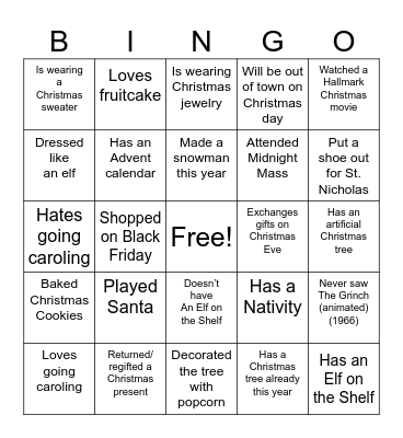 Christmas Party Bingo Card