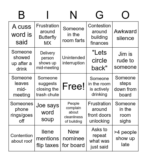 405 Board Meeting Bingo Card