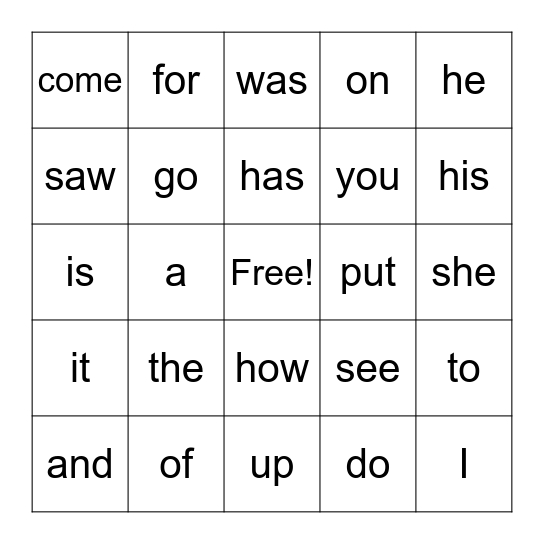 Sight Word Bingo Card