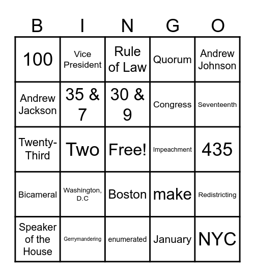 The Legislative Branch Bingo Card
