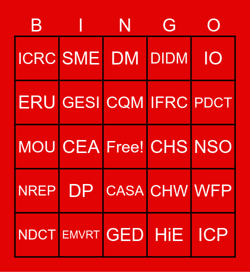 Canadian Red Cross EM Ontario Bingo Card
