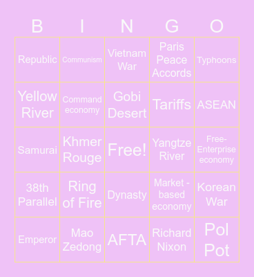 East Asia Vocabulary Bingo Card