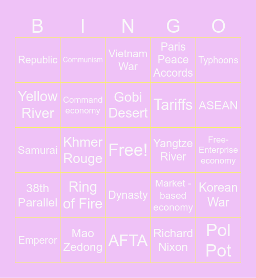 East Asia Vocabulary Bingo Card