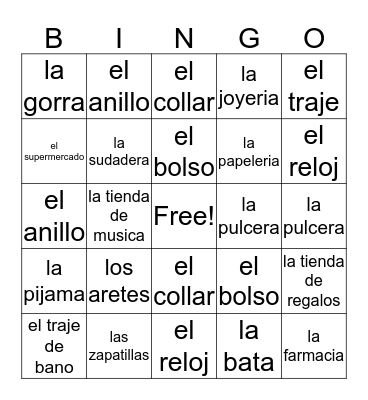 La Ropa / Las Tiendas Bingo Card
