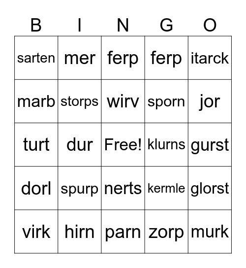 Nonsense Words Bingo Card