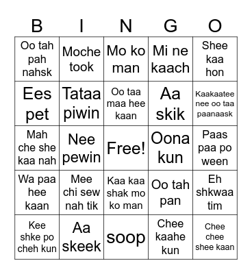 House Items Omushkego N dialect Bingo Card