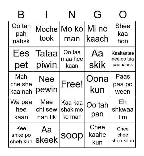 House Items Omushkego N dialect Bingo Card