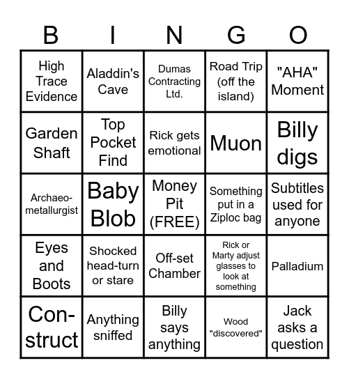 Curse of Oak Island Bingo Card