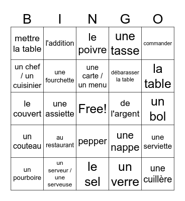 Au Restaurant Bingo Card
