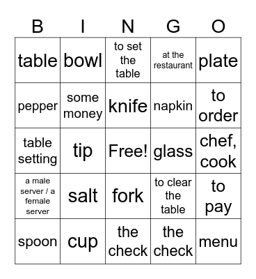Au Restaurant 2 Bingo Card