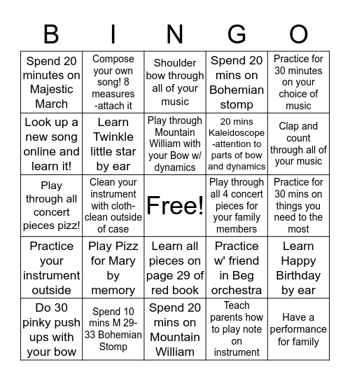 Spring Break- Beginning Orchestra  Bingo Card