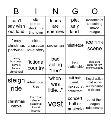 Terrible RomCom Christmas Movie Bingo Card